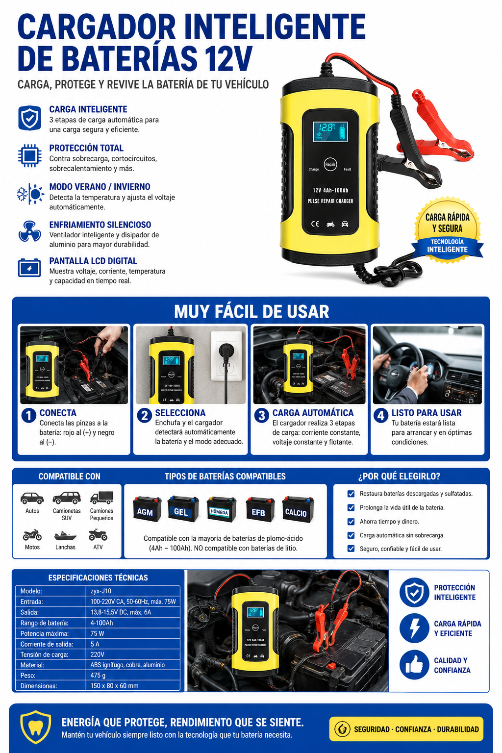 PulseCharge™ | Cargador y Reparador de Baterías Inteligente 12v