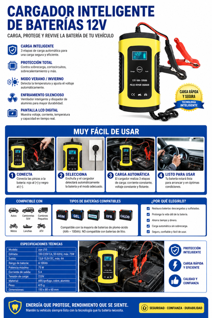 PulseCharge™ | Cargador y Reparador de Baterías Inteligente 12v